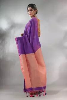 Purple Cotton Handspun Soft Saree With Contrast Peach Pallu