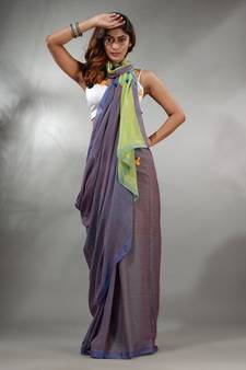Aegean Blue Cotton Handspun Soft Saree With Contrast Light Green Pallu