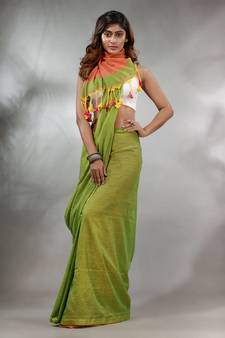 Parrot Green Cotton Handspun Soft Saree With Contrast Orange Pallu