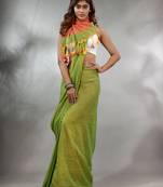 Parrot Green Cotton Handspun Soft Saree With Contrast Orange Pallu