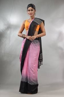 Pink Cotton Handspun Handwoven Saree With Ikkat Design