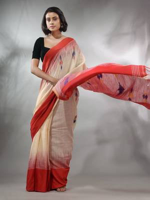 Cream Cotton Handspun Handwoven Saree With Ikkat Design 1