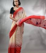 Cream Cotton Handspun Handwoven Saree With Ikkat Design