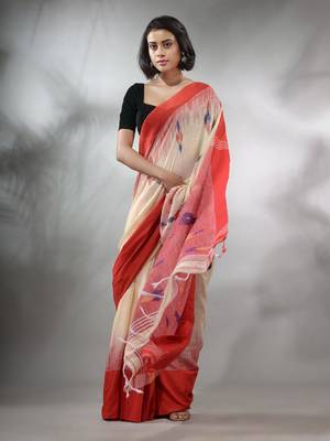 Cream Cotton Handspun Handwoven Saree With Ikkat Design 2