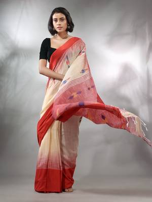 Cream Cotton Handspun Handwoven Saree With Ikkat Design 3