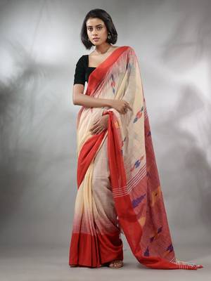 Cream Cotton Handspun Handwoven Saree With Ikkat Design 4