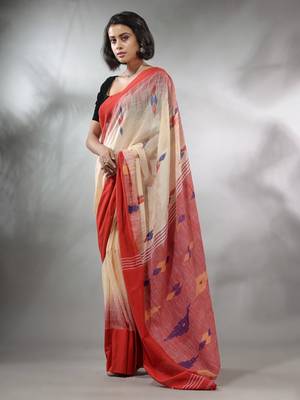 Cream Cotton Handspun Handwoven Saree With Ikkat Design 5
