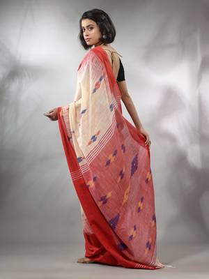 Cream Cotton Handspun Handwoven Saree With Ikkat Design 6