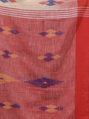 Cream Cotton Handspun Handwoven Saree With Ikkat Design 7