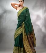 Green Cotton Handwoven Saree With Floral Borders