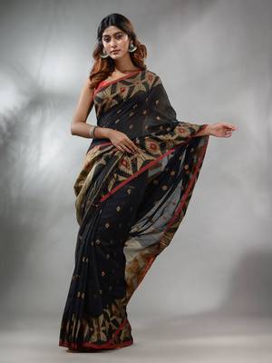 Black Cotton Handwoven Saree With Texture Pattern 1