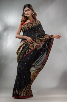 Black Cotton Handwoven Saree With Texture Pattern