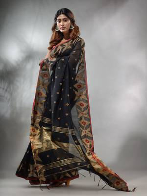 Black Cotton Handwoven Saree With Texture Pattern 2