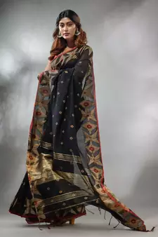 Black Cotton Handwoven Saree With Texture Pattern