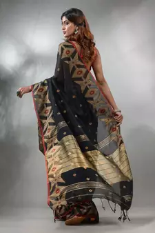 Black Cotton Handwoven Saree With Texture Pattern
