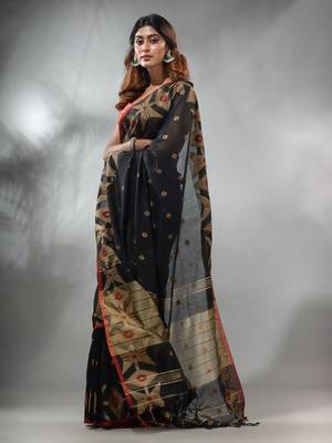 Black Cotton Handwoven Saree With Texture Pattern 4