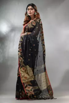 Black Cotton Handwoven Saree With Texture Pattern