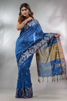 Sapphire Blue Cotton Handwoven Saree With Texture Pattern