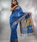 Sapphire Blue Cotton Handwoven Saree With Texture Pattern