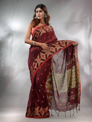 Maroon Cotton Handwoven Saree With Texture Pattern 1