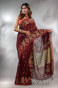 Maroon Cotton Handwoven Saree With Texture Pattern