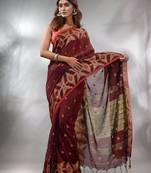 Maroon Cotton Handwoven Saree With Texture Pattern