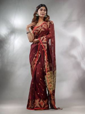 Maroon Cotton Handwoven Saree With Texture Pattern 2