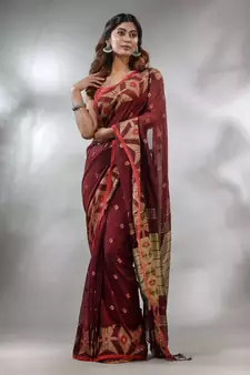Maroon Cotton Handwoven Saree With Texture Pattern