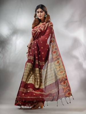 Maroon Cotton Handwoven Saree With Texture Pattern 3