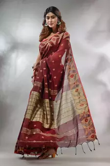 Maroon Cotton Handwoven Saree With Texture Pattern
