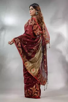Maroon Cotton Handwoven Saree With Texture Pattern
