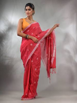 Bright Pink Cotton Handwoven Saree With Texture Pattern 1