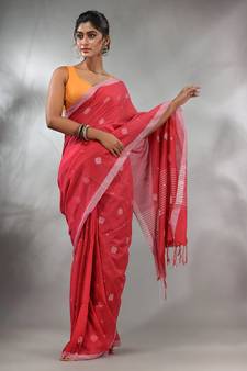 Bright Pink Cotton Handwoven Saree With Texture Pattern