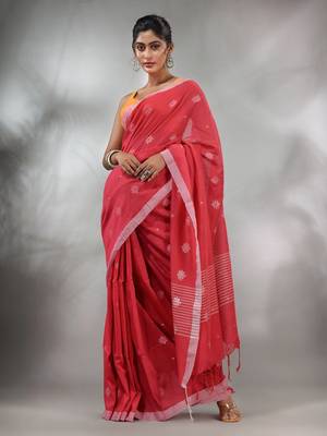 Bright Pink Cotton Handwoven Saree With Texture Pattern 2