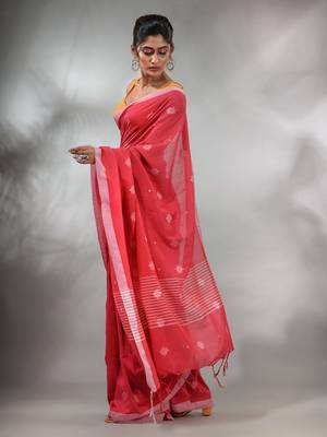 Bright Pink Cotton Handwoven Saree With Texture Pattern 3