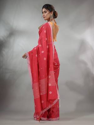 Bright Pink Cotton Handwoven Saree With Texture Pattern 4