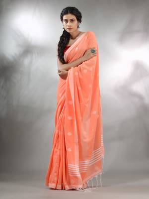 Orange Cotton Handwoven Saree With Texture Pattern 1
