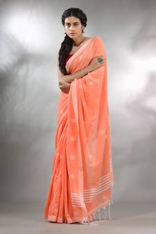 Orange Cotton Handwoven Saree With Texture Pattern