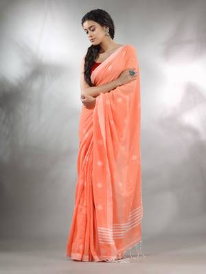 Orange Cotton Handwoven Saree With Texture Pattern 2