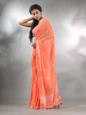 Orange Cotton Handwoven Saree With Texture Pattern 3