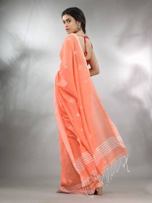 Orange Cotton Handwoven Saree With Texture Pattern 4