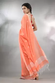 Orange Cotton Handwoven Saree With Texture Pattern