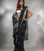 Black Cotton Handwoven Saree With Texture Pattern