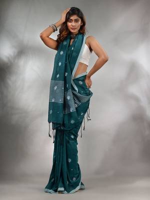 Teal Cotton Handwoven Saree With Texture Pattern 1