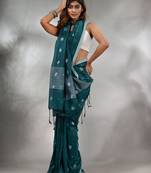 Teal Cotton Handwoven Saree With Texture Pattern