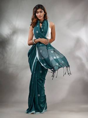Teal Cotton Handwoven Saree With Texture Pattern 2