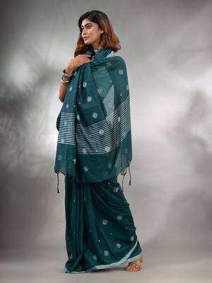 Teal Cotton Handwoven Saree With Texture Pattern 3