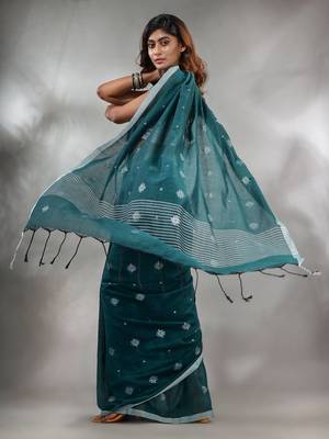 Teal Cotton Handwoven Saree With Texture Pattern 4