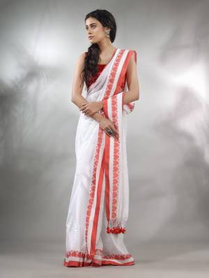 White Cotton Handwoven Saree With Woven Heart Borders 1