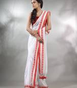 White Cotton Handwoven Saree With Woven Heart Borders